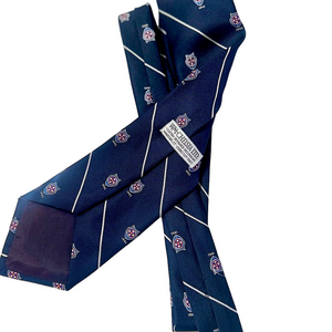 Vintage Navy Blue Men's Tie Cross and Shield Emblem Pattern Custom Made Stripes